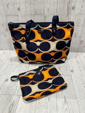 Coach Navy, Orange & Cream Signature Canvas 2 in 1 Travel and Cosmetic Bag